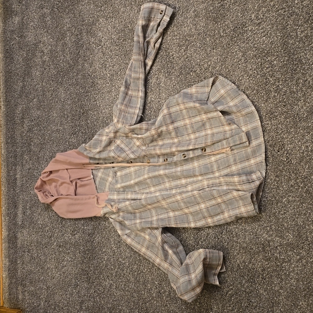 Pink and grey hooded flannel button down